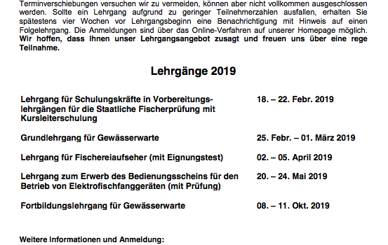 Weiterbildungsangebot 2019 am Insitut für Fischerei in Starnberg